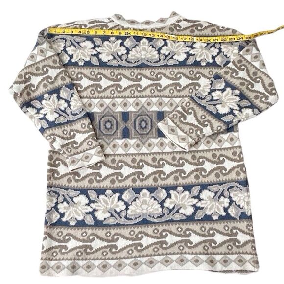 Express Vintage Women’s Oversized Long Sleeve Beige Teal Patterned Sweater Sz S - Picture 5 of 10